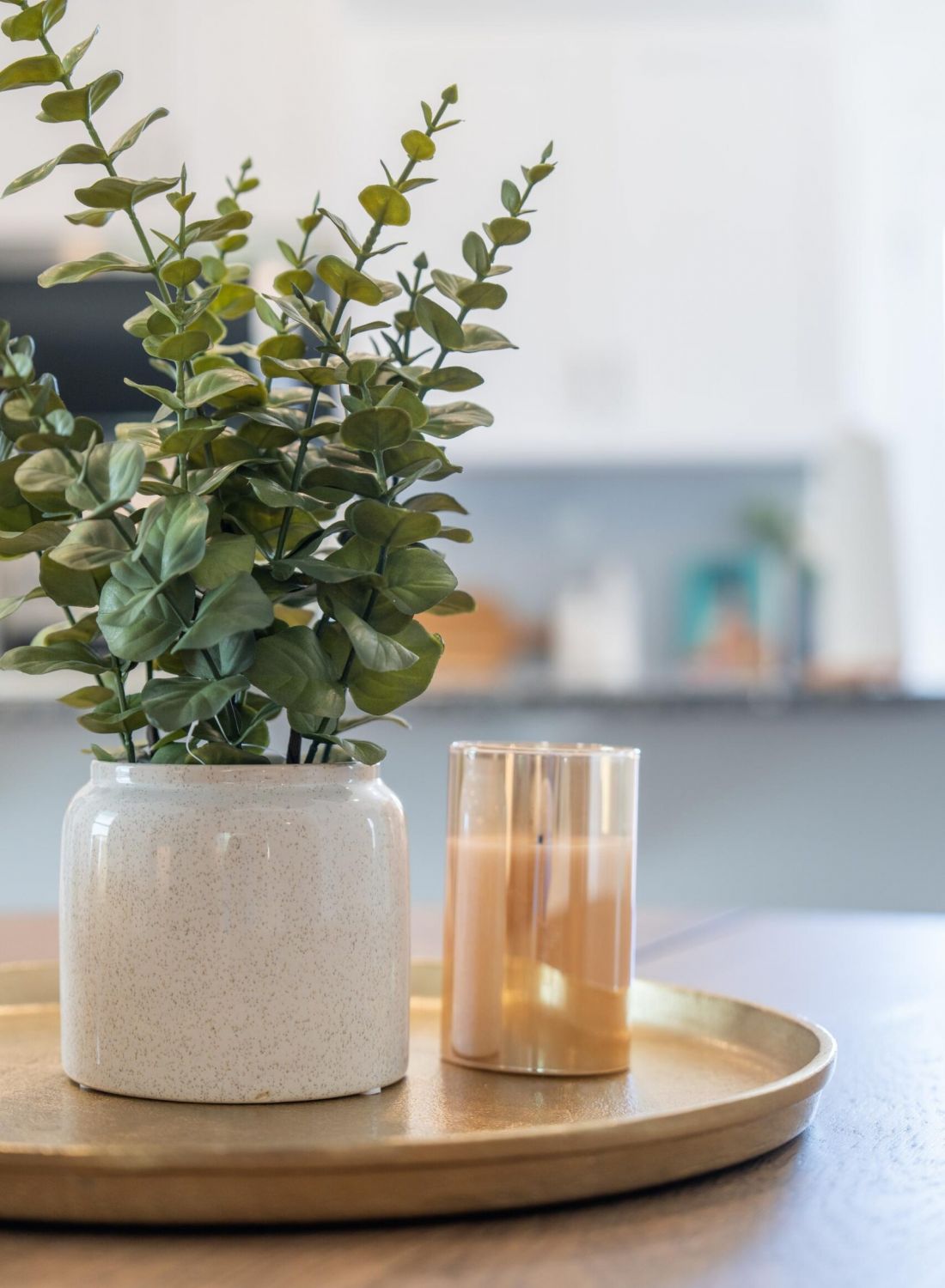 The Bend at Cramerton Mills a potted plant and a candle sit on a round gold tray on a table in a bright room.
