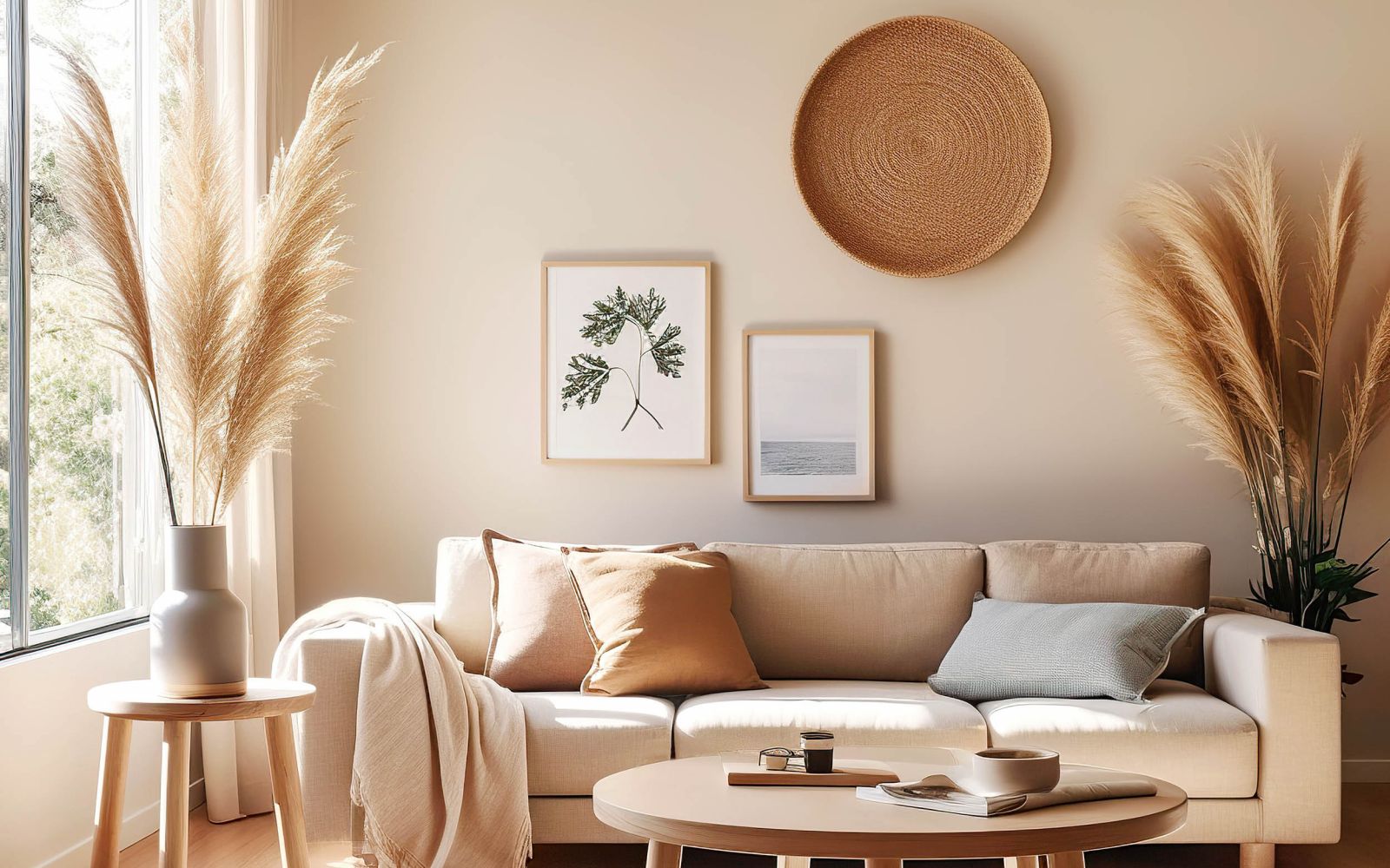 Beige fabric sofa against window in boho home interior design of modern living room.